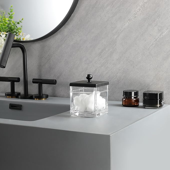 Clear Transparent Hotel Style Apothecary Tempered Glass Canister Jar W/ Matte Black Metal Lid Cover, Classic Countertop Organizer for Cotton balls/pads, Floss Picks, Makeup Storage