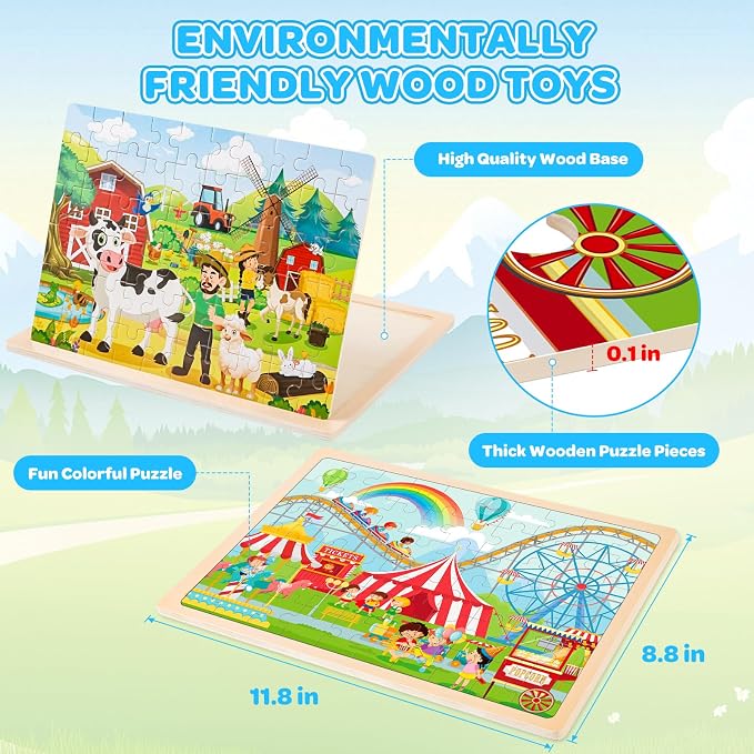 6-Pack Wooden Puzzles for Kids Ages 3-5, 60-Piece Animals Jigsaw Set | Toddler Puzzles Ages 3-5, Preschool Puzzles with Wooden Jigsaw Boards for Fine Motor Skills, Shape Recognition and Travel