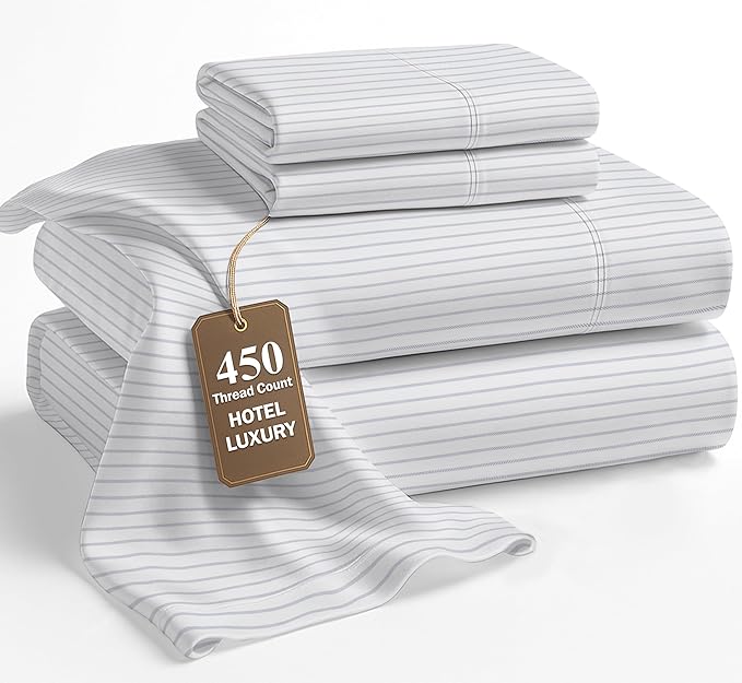 LANE LINEN Queen Bed Sheets - Pemium 450 Thread Count Long Staple 100% Cotton Sheets Queen Size Bed Set, Hotel Luxury Sateen Finish, 15" Deep Pocket Fitted Sheet, Cool & Durable - Ticking Stripe