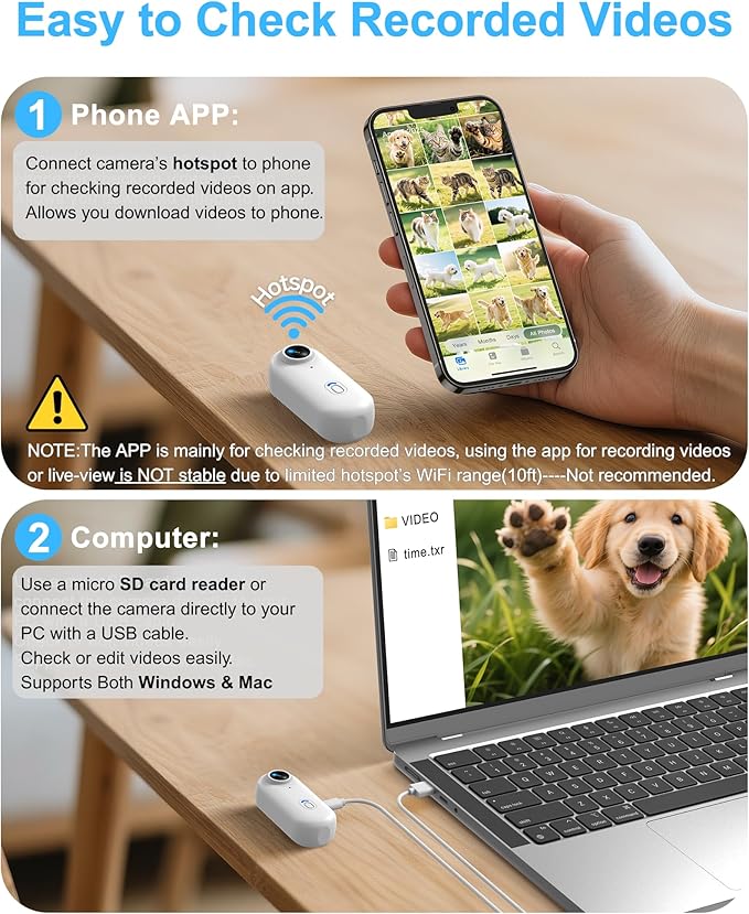 Dog & Cat Camera Collar with Phone APP, 1080P HD Video Recording, XS/M-Size Pet POV Cam for Dogs & Big Cats, Cordless Pet Collar Cameras with APP Viewing