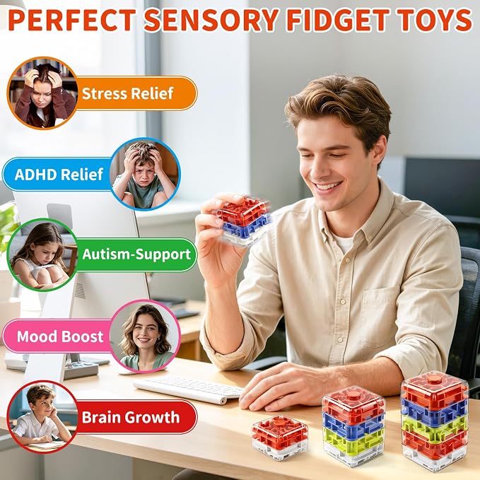 Infowush 2-in-1 Fidget Spinners Maze Cube - Fidget Toys for Kids & Adults | 3x4 Cube, Stress Relief Sensory 3D Brain Teaser Puzzle Cube, Board Game, Travel Toy, Birthday Gift for Boys Girls Ages 3 & Up