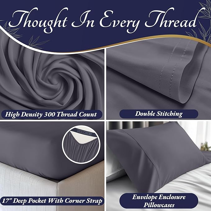 DECOLURE 100% Viscose Derived from Bamboo Sheets Twin Size 3pcs - Ultra Soft & Luxuriously Cooling, 17" Deep Pocket, Double Stitching, Perfect for Hot Sleepers - Twin Bed Sheets (Grey)