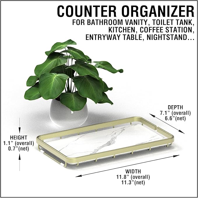 Counter Organizer for Bathroom, Kitchen or Coffee Bar, Metal Shelf with Faux Marble, Vanity Countertop Makeup Storage, Dresser Perfume Display Rack, Toilet Tank Tray (Matte Nickel, 1-Tier)