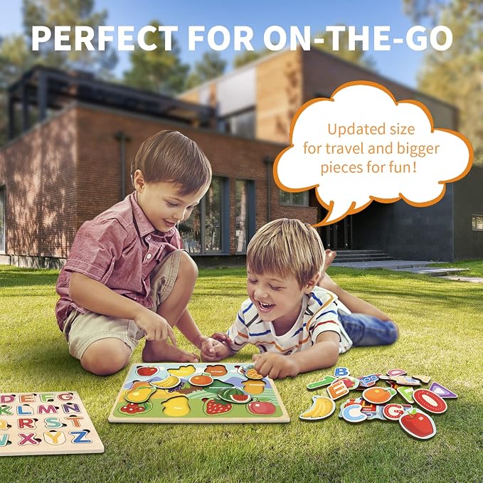 Wooden Puzzles for Toddlers with Storage Rack, WOOD CITY Toddler Puzzles Ages 3-6 for Kids, Learning Preschool Wood Puzzle for Boys and Girls-6 Pack Alphabet Number Shape Fruit Animal Vehicle