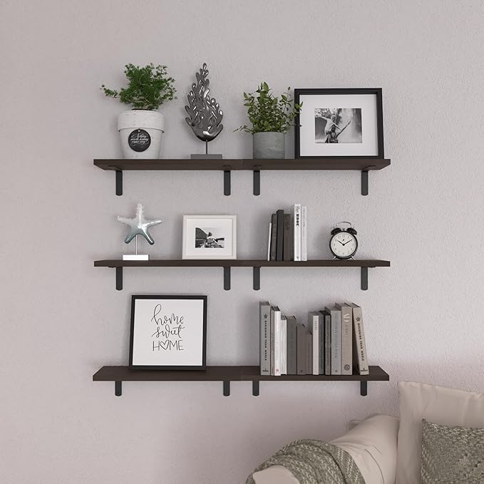 WOPITUES Wood Floating Shelves Set of 6, Shelves for Wall Decor, Farmhouse Shelf for Bedroom, Bathroom Storage Shelves, Book Shelves for Living Room, Dark Brown