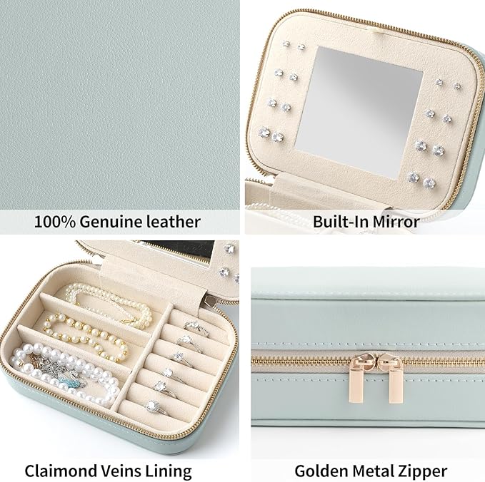 Genuine Leather Travel Jewelry Organizer Case with Mirror for Women, Small Mini Portable Jewelry Box for Ring Earrings Necklace Bracelet Luxury Gift for Women（Dark Green）