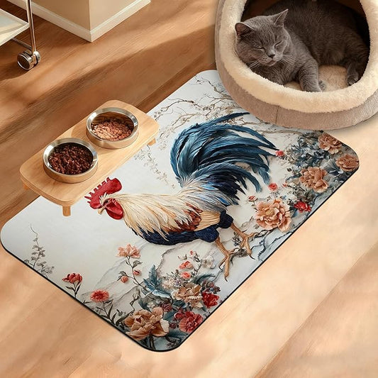 Dog Bowl Mat,Chicken Painting Pet Feeding Mat for Floors Waterproof,Flowers Absorbent Dogs Placemat for Food and Water Quick Dry Pet Cat Feeding Mats with Non Slip Bottom 16" x 24"