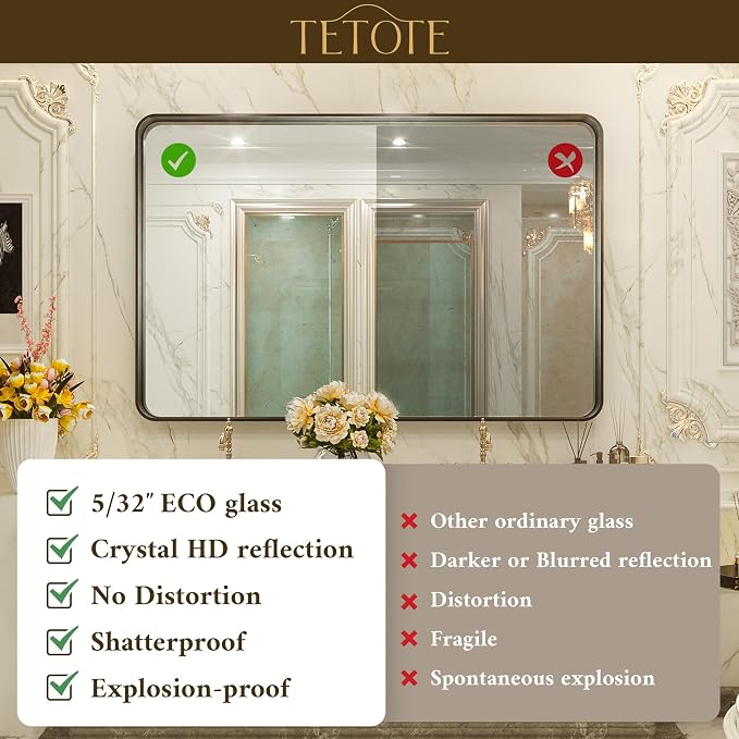 TETOTE 48 x 40 Inch Black Frame Mirror, Bathroom Vanity Mirror