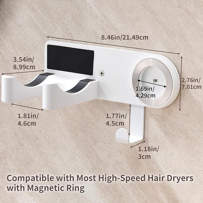 Hair Dryer Holder Wall Mounted, Hair Dryer Organizer Self Adhesive Compatible with Dyson Blow Dryer Holder Aluminum BlowDryer Holder Wall Mounted for Bathroom White