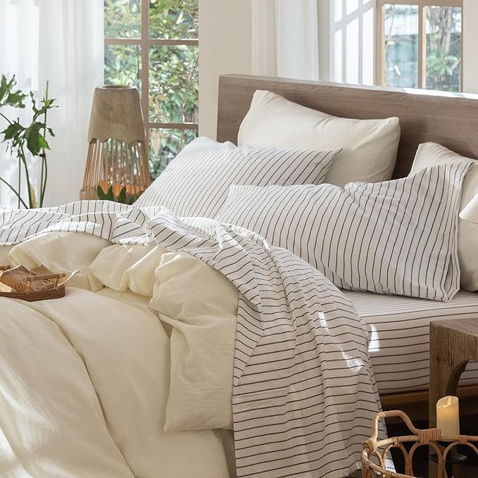 MooMee Striped Sheet Set 100% Washed Cotton Linen Like Textured Breathable Durable Soft Comfy (White Dark Grey Wide Stripes, Queen)