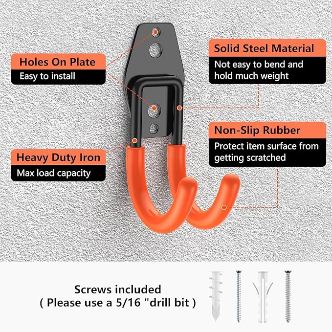 Garage Hooks with Anti-Slip Coating,Heavy Duty Wall Mount Storage Hooks for Hanging Bike,Hose,Ladder,Yard,Garden Tools (8 Pack Orange 4.7x2.6 inch)