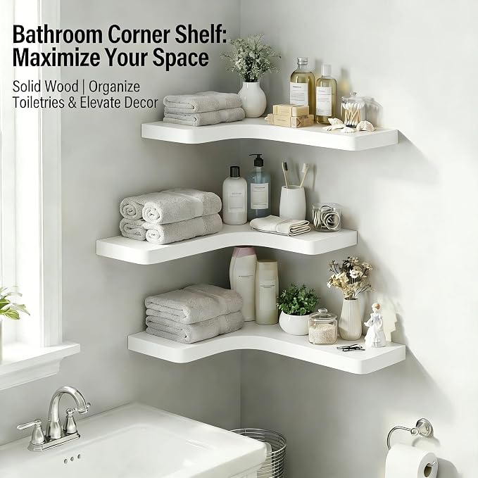 16 Inch Solid Wood Floating Corner Shelves 3 Pack