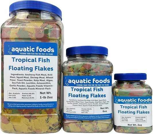 Aquatic Foods Inc. Premium Tropical Fish Flakes, Mix of Krill, Color Enhancing, Spirulina Flakes for Cichlids, Angels, Goldfish, All Tropical Fish Also Pellet Mix, Wafer Mix Included…6oz Jar
