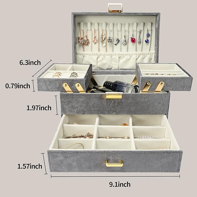 Dajasan Velvet Jewelry Boxes, Women Jewelry Organizer Box, 3- Layer Large Jewelry Storage Case for Birthday Mother's Day Valentine's Day (Grey)