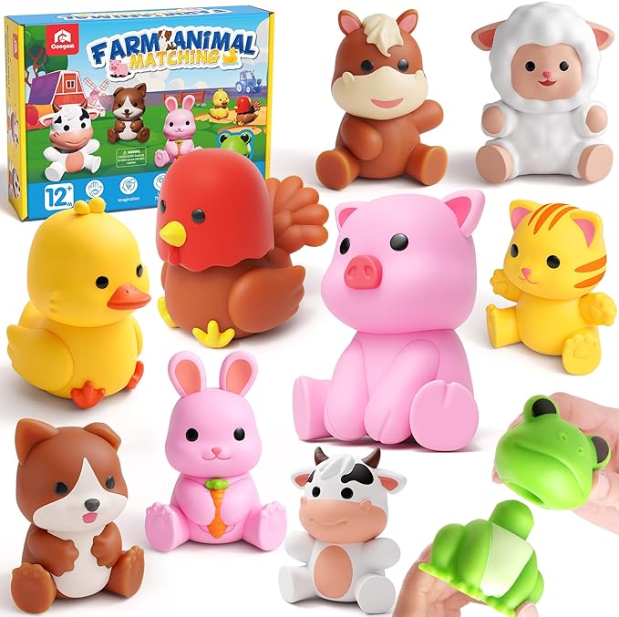Coogam 10Pcs Farm Animal Matching Toys, Fine Motor Sorting Games for Kids Age 1-3, Montessori Learning Sensory Fidget Toy Gift for Baby Shower Bath Birthday