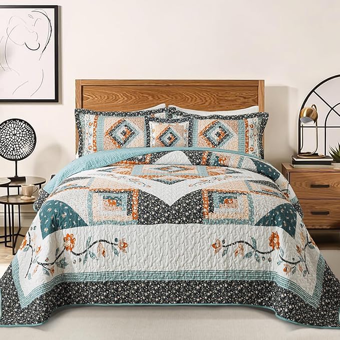 BEDIFANY Cotton Quilts Queen Size Sets - Lightweight Bedspreads Queen Size - Lightweight Garden Style Queen Quilt Bedding Sets for Bed Decorations for All Seasons, 3 Pieces