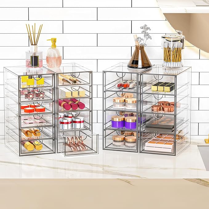 Acrylic Makeup Organizer with 19 Drawers, 4 Pack Clear Storage Drawers, Bathroom Makeup Organizer for Palettes, Cosmetic, and Beauty Supplies,Ideal for Vanity, Cabinet,Desk Organization