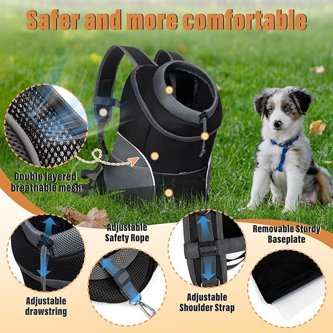 YUDODO Dog Front Carrier Backpack, Adjustable Breathable Pet Carrier for Small Dogs Cats, Ventilated Puppy Back Pack with Safety Belt, Lightweight Doggy Backpack for Hiking Outdoor (Black, Medium)