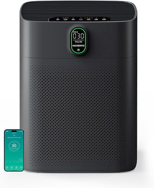 MORENTO Air Purifier for home Large Rooms up to 1076 ft2, Wi-Fi and Alexa compatible, PM2.5 Air Quality Display, Auto Mode, HEPA Filter Removes Dust, Pollen, Smoke 1 Pack +2 Pack Filters(Black)