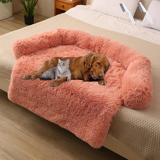 Dream Cloud Pet Sofa Bed for Dogs Cats, 2026 Washable Removable Calming Fluffy Plush Mat for Furniture Protector, Long Fur Non-Slip, for Small/Medium/Large Home Pets (Dark Pink, M: 33.5 * 28.3IN)
