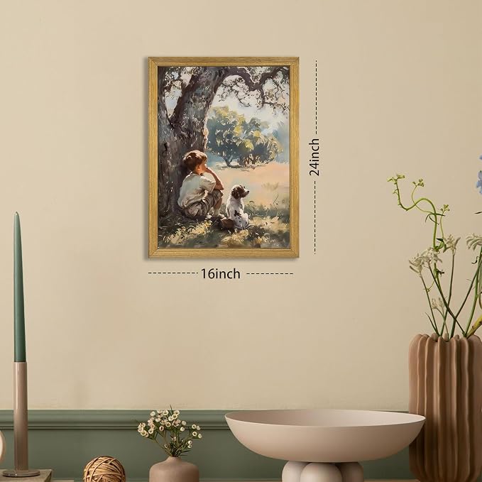 Wood Framed Canvas Wall Art, Vintage Boy and Dog Painting Poster, Countryside