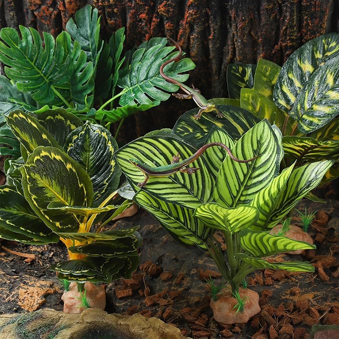 IBWell Reptile Plants - Tortoise Habitat Accessories, Artificial Spider Plant for Gecko, Ball Python, Tortoise Terrarium Decor - Calathea Makoyana B