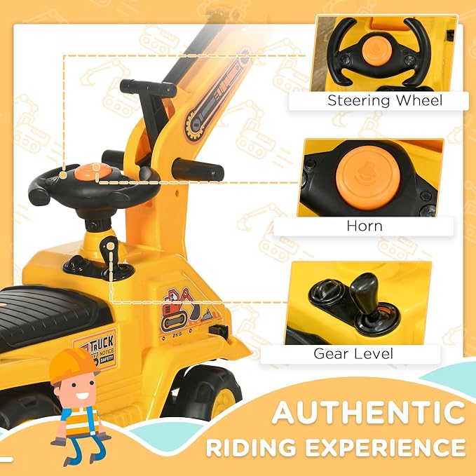 HOMCOM Ride On Excavator Pull Cart, Kids Digger Ride on Truck with Horn, Under Seat Storage, Sit and Scoot Pretend Play Toy Construction Car for Ages 18-48 Months