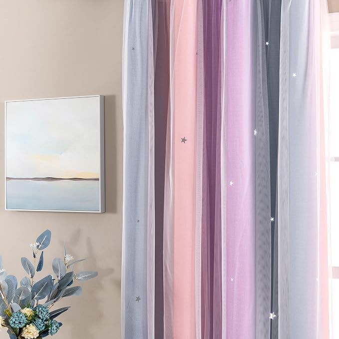 XiDi Curtains for Bedroom Decor, Rainbow GreyPinkPu-34-96