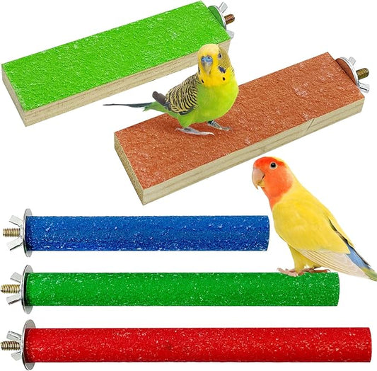 Hamiledyi 5 PCS Bird Perch Stand - Wooden Parrot Perch Stand with Colorful Sand Paw Grinding Stick Trim Beak Wood Platform for Bird Nail Trimming - Cage Accessories for Parakeets & Cockatiel