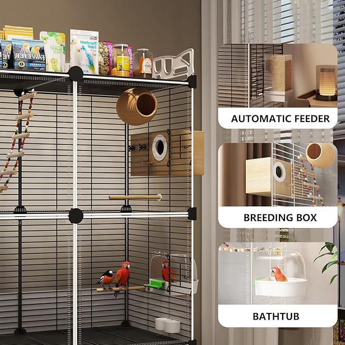 Large Parrot Cage with Acrylic Doors, 4 Casters, Perch & Feeder, Detachable Drawer, Ideal for Cockatiels, Budgies, Conures, Indoor/Outdoor Use – Spacious White Birdcage(Black,72 * 36 * 142)
