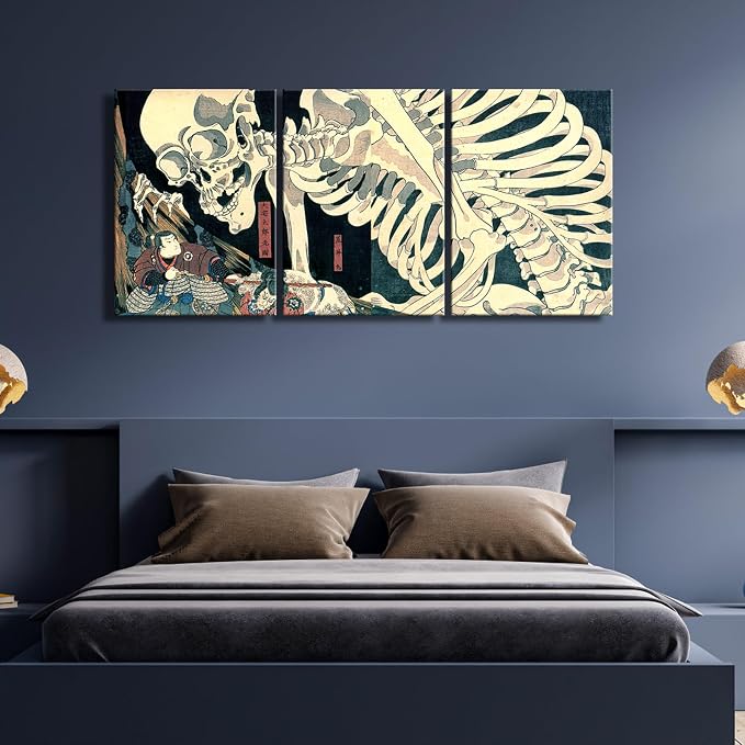 Wieco Art 3 Piece Witch and Skeleton Ukiyo-E by Utagawa Takiyasha Historic