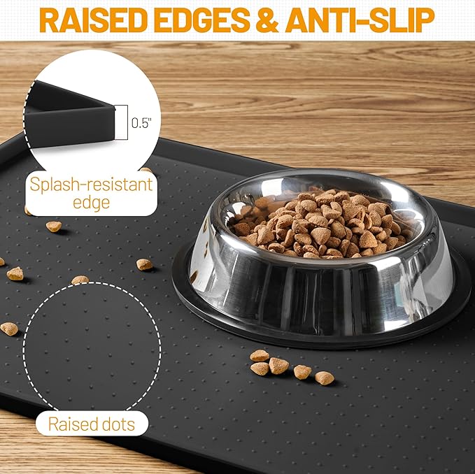 Hubulk Dog Feeding Mat,100% Waterproof Food Grade Silicone Pet Food and Water Bowl Placemat,Dishwasher, High Raised Edge to Prevent Spills,Nonslip Tray to Stop Messes on Floor (19"x12"x0.5", Black)