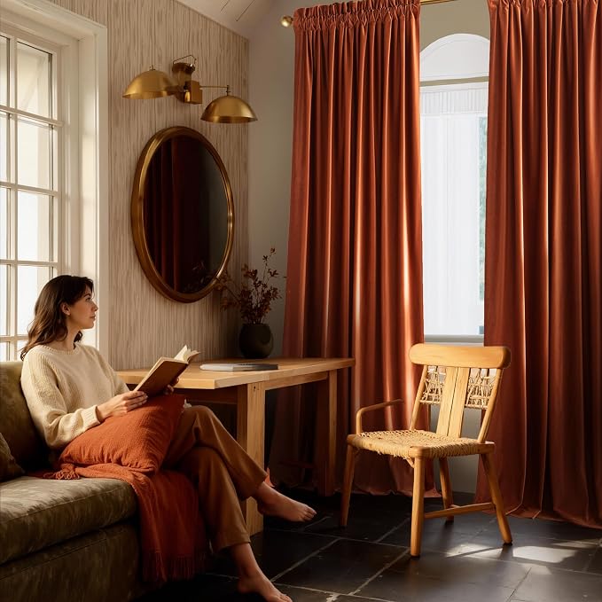 NICETOWN Orange Velvet Curtains 90 inch Long