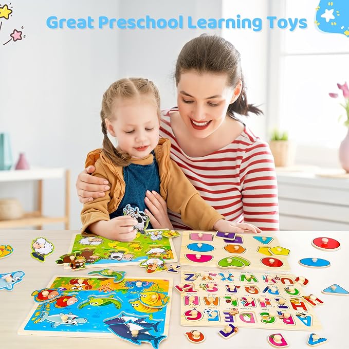 Wooden Peg Puzzles for Toddlers 3 4 Year Old, 4 Pack Montessori Toys Preschool Learning Puzzles for Toddlers with Animals, Shapes, Alphabet, Wooden Toddler Toys Gifts for Kids Boys Girls