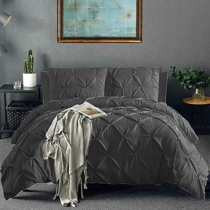 Pinch Pleated Duvet Cover Set 100% Brushed Microfiber 3PC Oversize Size 98x120 Duvet Cover Set, Decorative Pinch Design Dark Grey Duvet Cover with Matching Pillow Case