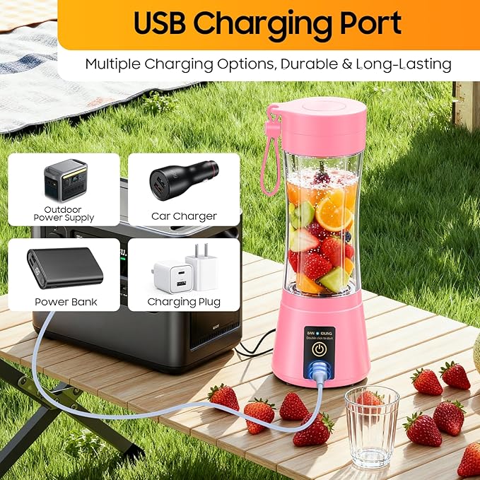 Cordless Portable Personal Size Blender - USB Rechargeable Blender for Smoothies and Shakes, 6 Blades with 380Ml BPA Free Juice Cup, Freshly Squeezed for Picnic/Sports