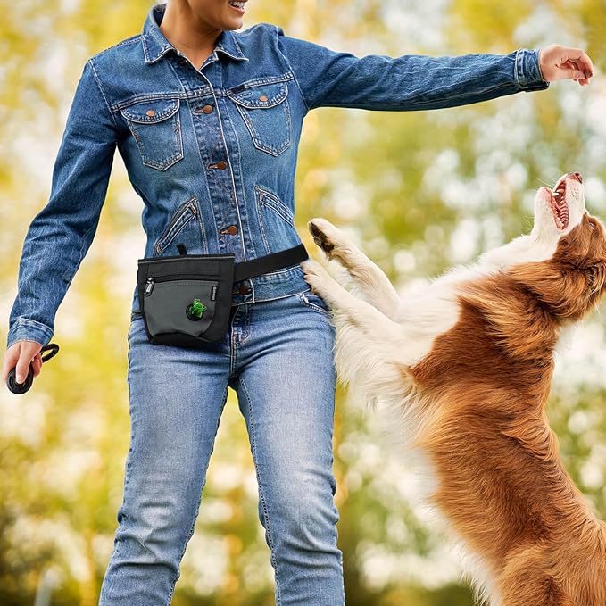 Gobeigo Dog Treat Pouch and Training Clicker, Upgrade Two Magnetic Closure to Prevent Spills, 2 Cup Treat Bag with Poop Bag Dispenser, Metal Clip Waist Belt Fanny Pack for Pet Walk (Black/Gray)