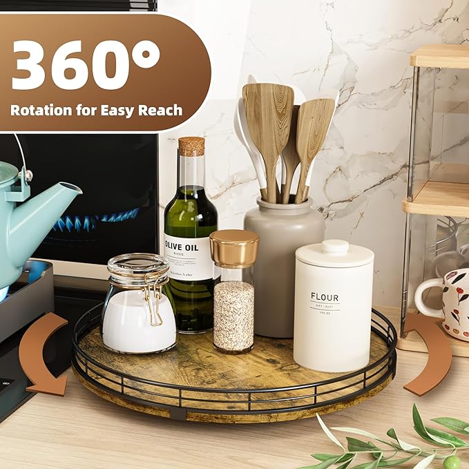 Lazy Susan Turntable Organizer for Table Top, 13’’ Round Wooden Lazy Susan for Cabinet Kitchen Countertop Pantry Dining Coffee Table for Condiments Spices, Rustic Bathroom Vanity Tray for Soap Candle