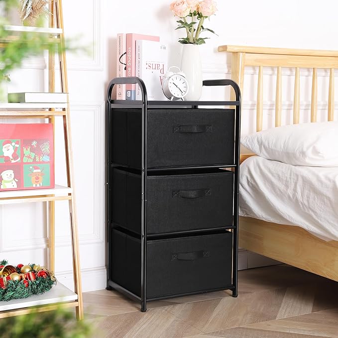 MAX Houser Dresser Storage with 3 Easy Pull Fabric Drawers, Fabric Dresser Tower,Vertical Storage Unit for Bedroom,Chest of Drawers with Metal Frame, Wooden Tabletop, for Living Room, Closet (Black)