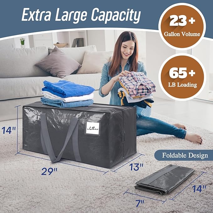 12 Pack Extra Heavy Duty Large Moving Bags with Strong Zipper & Comfortable Handles, Sturdy & Durable Clothes Storage Bags Totes Bins, Packing Moving Boxes for College Supplies, Gray