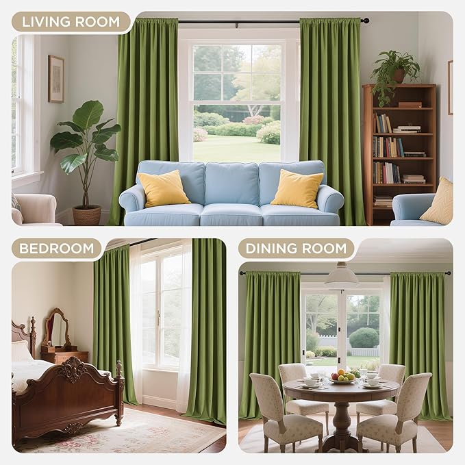 Joydeco Moss Green 100% Blackout Curtains 96 Inch 2 Panels, Luxury Thermal Green Velvet Curtains for Bedroom Living Room, Soundproof Blackout Window Drapes, Rod Pocket & Back Tab (52W x 96L)