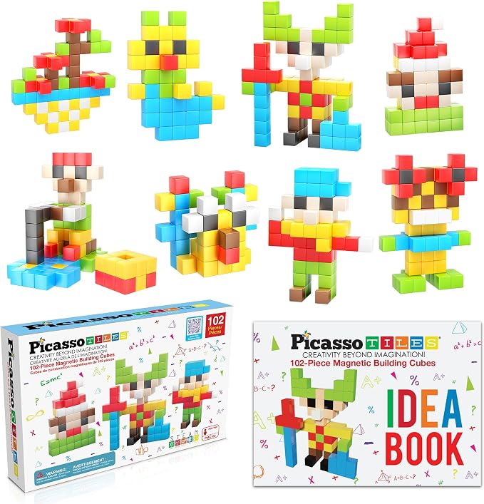 PicassoTiles 102pcs Pixel Magnetic Puzzle Cube 1” Pixel Mix & Match Toys with Ideabook STEM Education Learning Building Block Magnets Construction ToySet Stacking Creative Kit for Kids Age 3+ PMC102