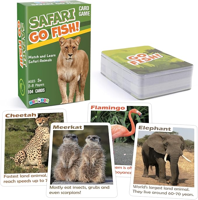 BenBen Go Fish Card Game for Kids, 104 Picture Cards, Jumbo Size, Safari Animal Learning Playing Cards, Memory Matching Games with Real Photos Fun Facts, 2-8 Players, Easter Basket Stuffers
