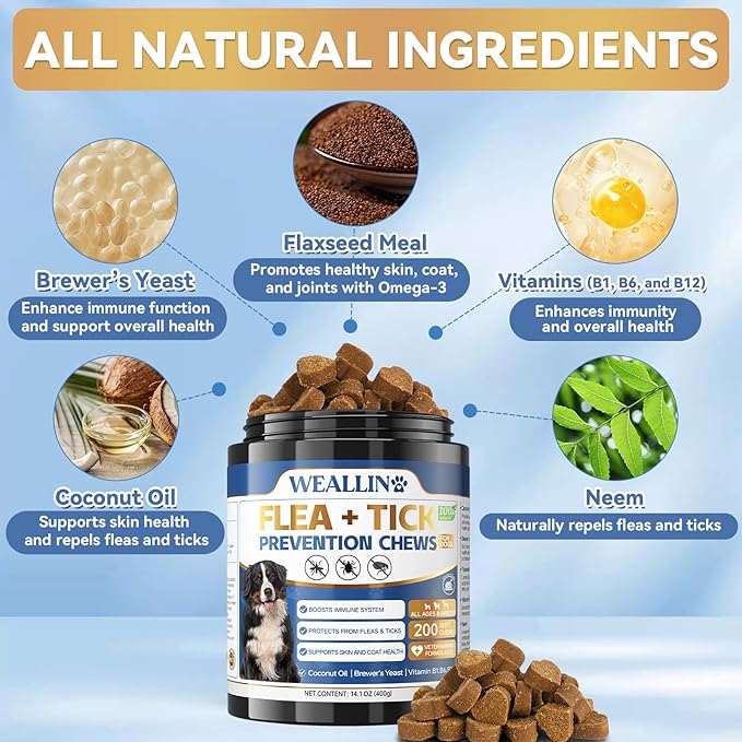 Flea and Tick Prevention for Dogs, 200 Soft Chews for Dog Fleas Ticks Treatment, Natural Dogs Oral Flea Chewables Support Supplement, Flea and Tick Chews for All Breeds & Sizes