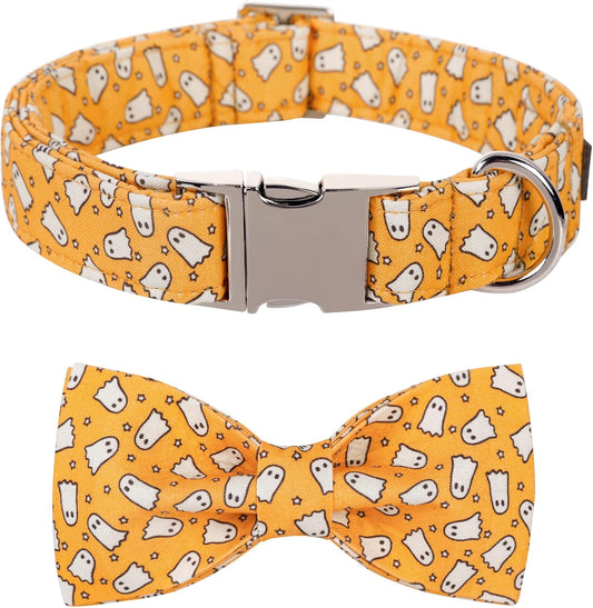 Lionet Paws Halloween Dog Collar with Bowtie - Cute Cotton Adjustable Fall Bowtie Dog Collar with Metal Buckle for Small Medium Large Dog Girl Boy Gift, M, Neck 13.5-22in