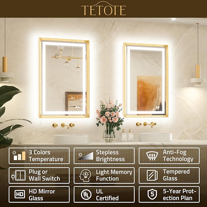 TETOTE Led Bathroom Mirror 30 x 30 with Brushed Gold Frame Anti-Fog Frontlit & Backlit Vanity Mirror Stepless Dimmable Lighted Mirrors for Bathroom Wall 3 Colors White/Warm/Natural Wall-Mounted