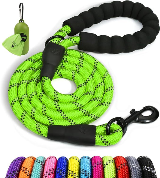 Taglory Rope Dog Leash 6 FT with Comfortable Padded Handle, Highly Reflective Threads Leash and Anti-Tangle Clip for Walking Small Dogs, 3/8 inch, Green