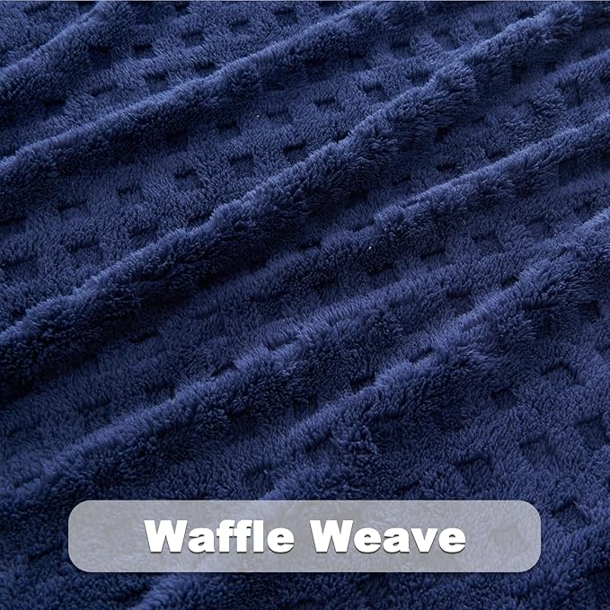 NEWCOSPLAY Super Soft Throw Blanket Navy Premium Silky Flannel Fleece 3D Waffle Checkered Lightweight Bed Blanket All Season Use (Dark Navy, Throw(50"x70"))