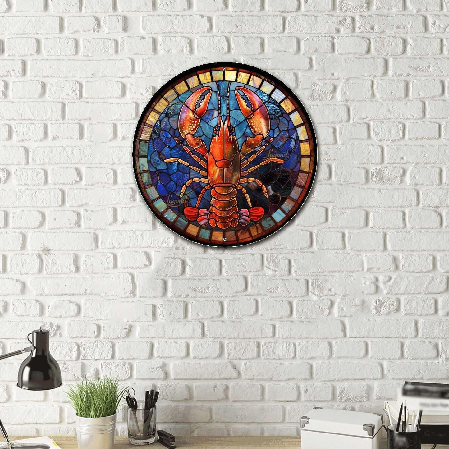 Lygond Metal Sign Tin Sign Circular Stained Glass Lobster Gardening Decor Gift for Garage 12×12 Inches