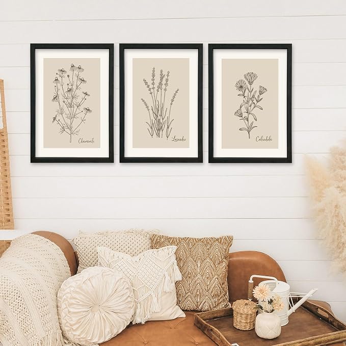 YWJKWLGS Vintage Botanical Wall Art 16x24 Inch Set Of 3 Wooded Framed